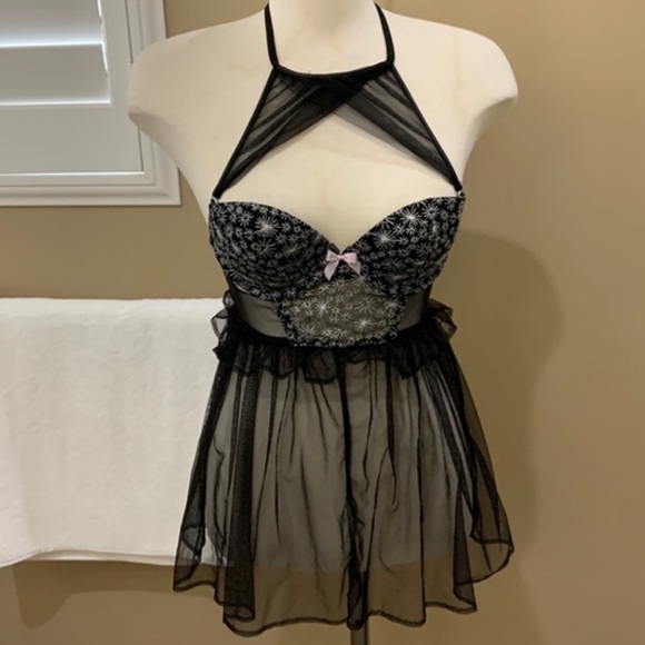 Victoria’s Secret Black “Dream Angels” High Neck Pattern Babydoll with Underwire - Picture 8 of 8